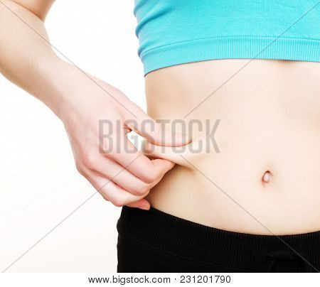 Girls Stomach Measuring With Tape Isolated On White Background, Skiny Woman On Diet, Healthcare Peop