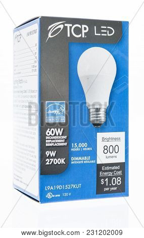 Winneconne, Wi - 27 February 2018: A Box Of A Tcp Led Light Bulb On An Isolated Background.