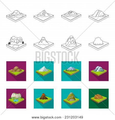 Mountains, Rocks And Landscape. Relief And Mountains Set Collection Icons In Outline, Flet Style Iso