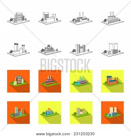 Processing Factory, Metallurgical Plant. Factory And Industry Set Collection Icons In Outline, Flet 