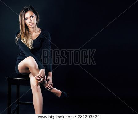 Young Blond Real Woman Emotional In Depression Dark Indoor, Beautiful Sadness