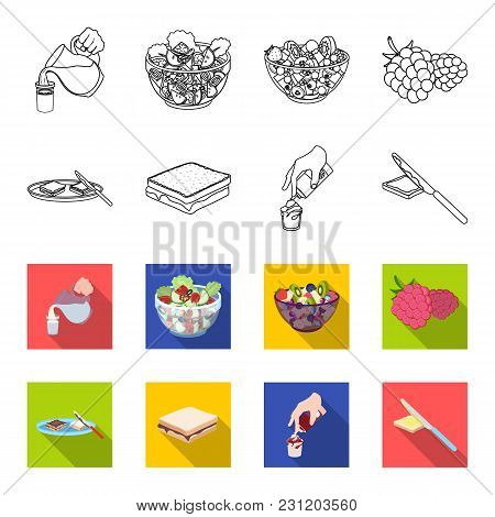 Dessert With Cream, A Sandwich And Other Food. Food Set Collection Icons In Outline, Flet Style Vect