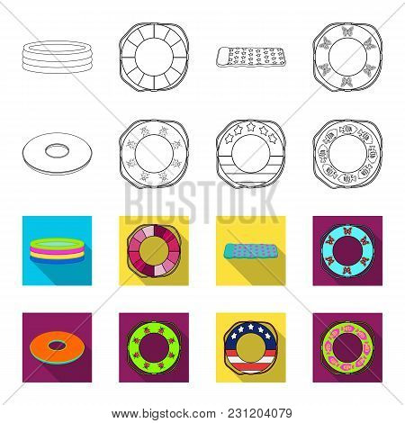 Multicolored Swimming Circle Outline, Flet Icons In Set Collection For Design. Different Lifebuoys V