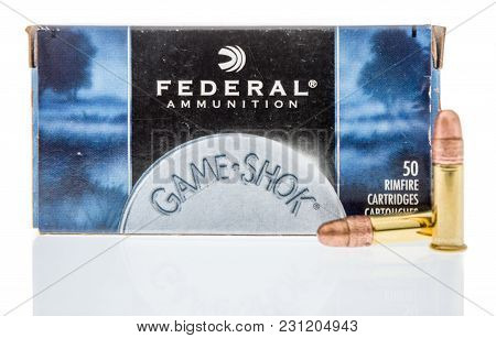 Winneconne, Wi -5 March 2018: A Box Of Federal  Ammunition 22 Long Rifle Ammunition On An Isolated B