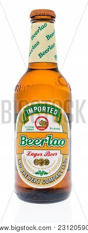 Winneconne, Wi - 7 March 2018: A Bottle Or Beerlao Beer On An Isolated Background.