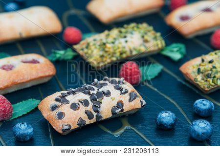 Vegan Cakes Decorated With Mint And Berries. Product Photography For Patisserie.