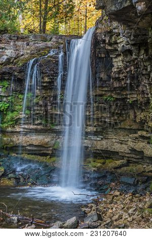 Waterfall In Hilton Falls Park At Autumn Day