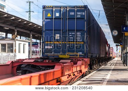 Fuerth / Germany - March 11, 2018: A European Freight Train Passes Train Station Fuerth In Germany