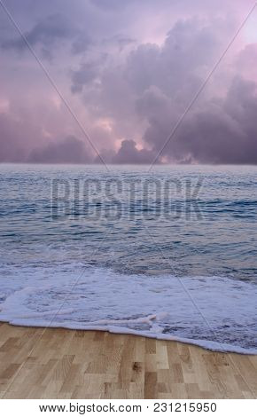 A Premade Background Setting Of A Wooden Floor With A Wave Washing Over It.