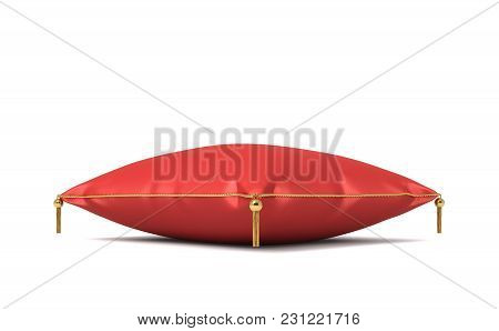 3d Rendering Of A Red Silk Royal Pillow With Golden Tussels Isolated On A White Background. Home Dec
