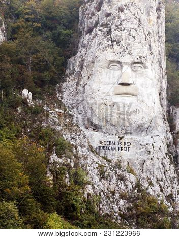Decebal Head sculpted in rock, carved in the mountains, Esalnita, Danube Gorges, Romania
