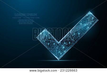 Checkmark. Low Poly Wireframe Mesh Looks Like Constellation On Blue Night Sky With Dots And Stars. A