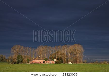 Paisagem de prados e fazenda
