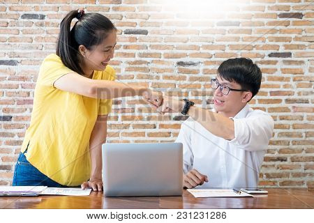 Asia Businessman Joyful Happy Meeting With Co-worker At Workspace And Take Hi Five,successful Concep