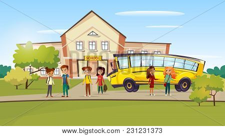 Vector Cartoon Teen Kids Pupil Standing Near School Bus After Lessons. Illustration Boy Girl Childre