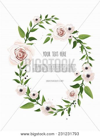 Floral Wreath With Green Eucalyptus Leaves, Flower Rose, Anemone . Frame Border With Copy Space. Eps