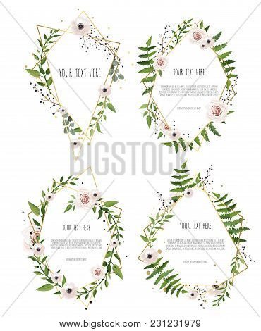 Vector Botanical Banners Set With Pink Peony And White Hydrangea Flowers. Frame Border With Copy Spa