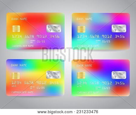 Realistic Detailed Credit Cards Set With Colorful Abstract Trendy Color Gradinet Hologram Effect Des