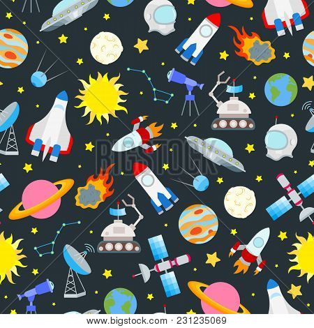 Seamless Pattern On The Theme Of Space And Space Travel Color Icons On Dark Background