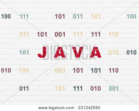 Database Concept: Painted Red Text Java On White Brick Wall Background With Binary Code