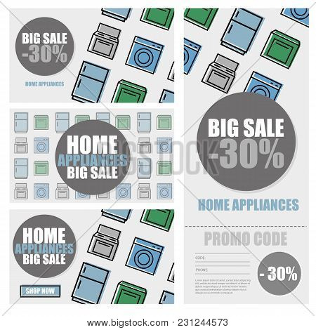 Household Appliances Discount Season Sale Banner Vector Illustration. Promo Code, Retail Sticker. Ad