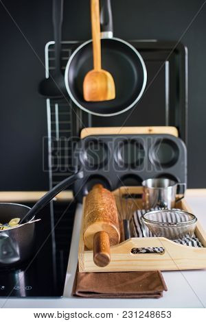 Composition With Kitchen Wooden Steel Accessories Black Wooden Panel Dishes Ware Different Support S