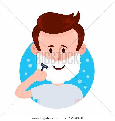 Young Man Shaving Face With Foam. Vector Flat Cartoon Character Illustration Icon Design. Isolated O