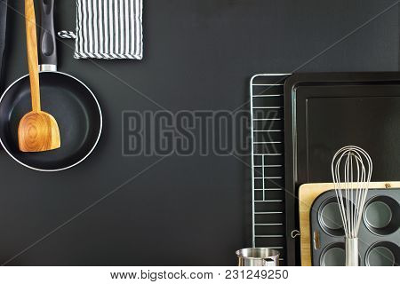 Flat Composition Black Chalkboard Panel With Kitchen Wooden Steel Accessories Dishes Ware Different 