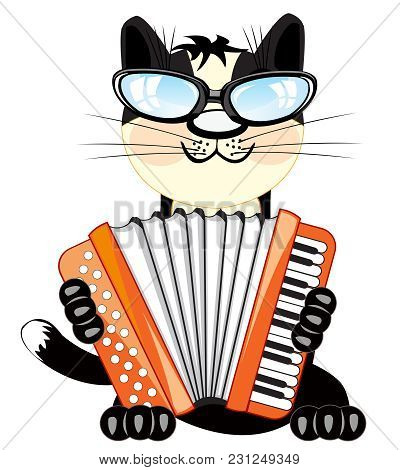 Cartoon Animal Cat Playing On Music Instrument Accordeon
