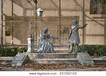 PODGORICA, MONTENEGRO - AUGUST 13, 2017: monument to Alexander Pushkin and Natalia Goncharova, gift of the city of Moscow to the city of Podgorica, Montenegro 