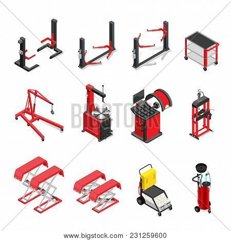 Autoservice Equipment Set, Lifts And Mechanisms For Work In A Body Shop. Isometric Style