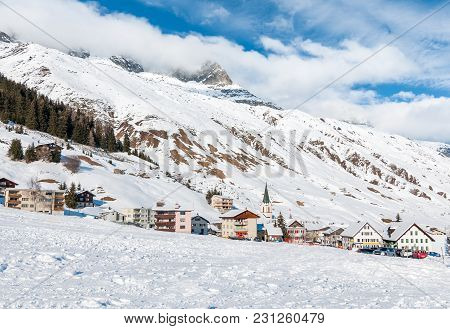 View Of Realp In Winter, Is A Small Village Close To The Larger Ski Area Of Andermatt In Canton Uri,