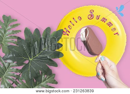 Flat Lay, Creative Nature Tropical Leaves And Swimming Pool With Ice Creamon On Pink Background. Hol