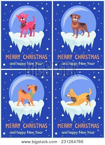 Merry Christmas And Happy New Year Festive Posters With Dogs Inside Glass Bubbles With Bottom Covere