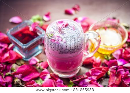 Indian/asian Popular Summer Drink I.e. Gulab Shake Or Rose Shake Consisting Of Milk,rose Syrup,sugar