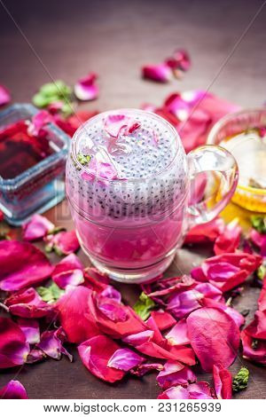 Indian/asian Popular Summer Drink I.e. Gulab Shake Or Rose Shake Consisting Of Milk,rose Syrup,sugar