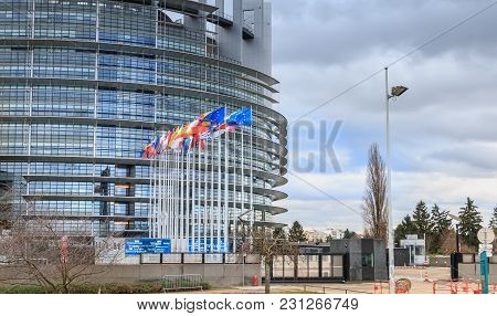 Strasbourg, France - December 28, 2017: Architectural Detail Of The Louise-weiss Building On A Winte