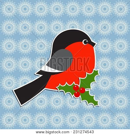 Bullfinch And Holly Berry. Vector Christmas Card