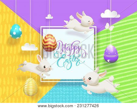 Happy Easter Sale Card Decorated Eggs Hanging On Strings Abstract Background, Funny Little Bunnies, 