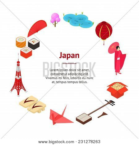 Symbol Of Japan Banner Card Circle Isometric View Style Design Japanese Asian Element Travel Busines
