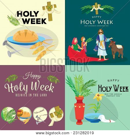 Set For Christianity Holy Week Before Easter, Lent And Palm Or Passion Sunday, Good Friday Crucifixi