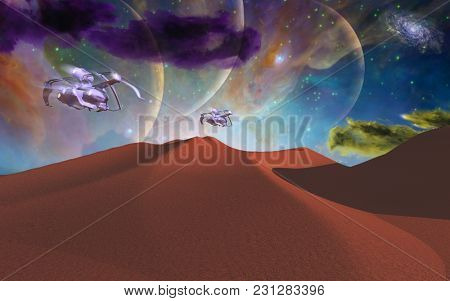 Spacecrafts over red dunes on exosolar planet. 3D rendering