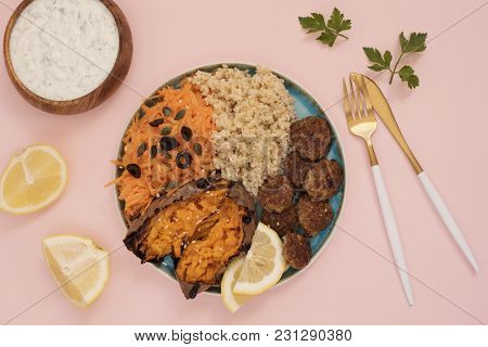 Healthy Food Concept. Clean Eating. Meal With Turkey Meatballs, Bulgur, Sweet Potato, Carrot, Salad.