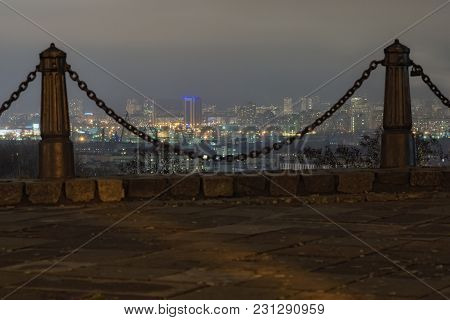 View From The Observation Deck. Ancient Podil District And Modern Obolon District At Background. Eve