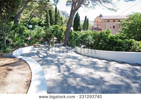 Alcudia, Mallorca, Spain - June 12, 2017: Hermitage And Hostal Victoria Curved Stairway On A Sunny D