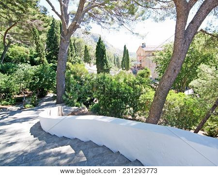 Alcudia, Mallorca, Spain - June 12, 2017: Hermitage And Hostal Victoria Curved Stairway On A Sunny D