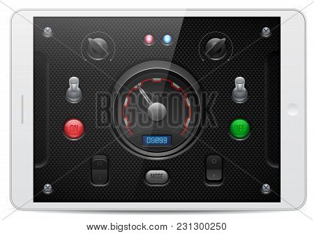 Carbon Ui Application Software Controls Set. White Tablet Pad. Tachometer, Indicator, Detector, Led.