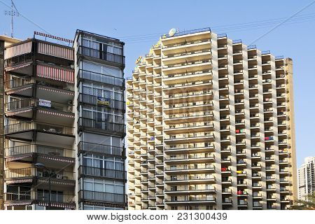 Benidorm, Spain - July 20, 2015:  Benidorm Is A Coastal City In Alicante. Benidorm Is A Major Beach 