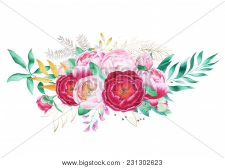 Watercolor Flowers Red Magenta Pink Bouquet Landscape, Botanical Natural Peonies Illustration On Whi
