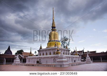 Wat Phra That Sawi Temple In Chumphon, Thailand While Raining Storm